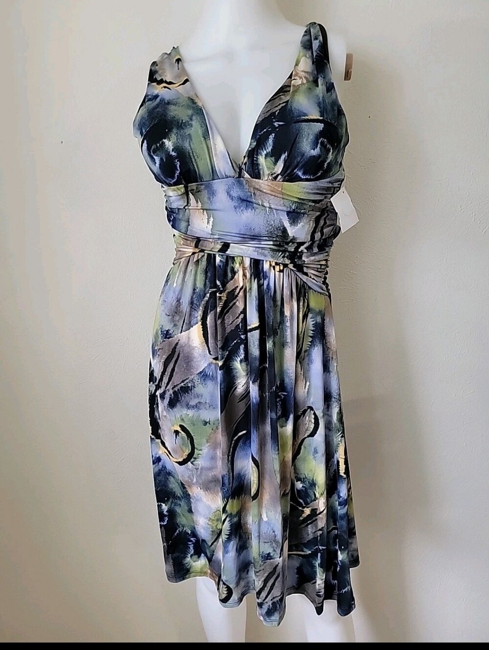 Y2k Plunging V-Neck Watercolor Midi Dress Blue Green Artsy 90's Baby Doll NWOT